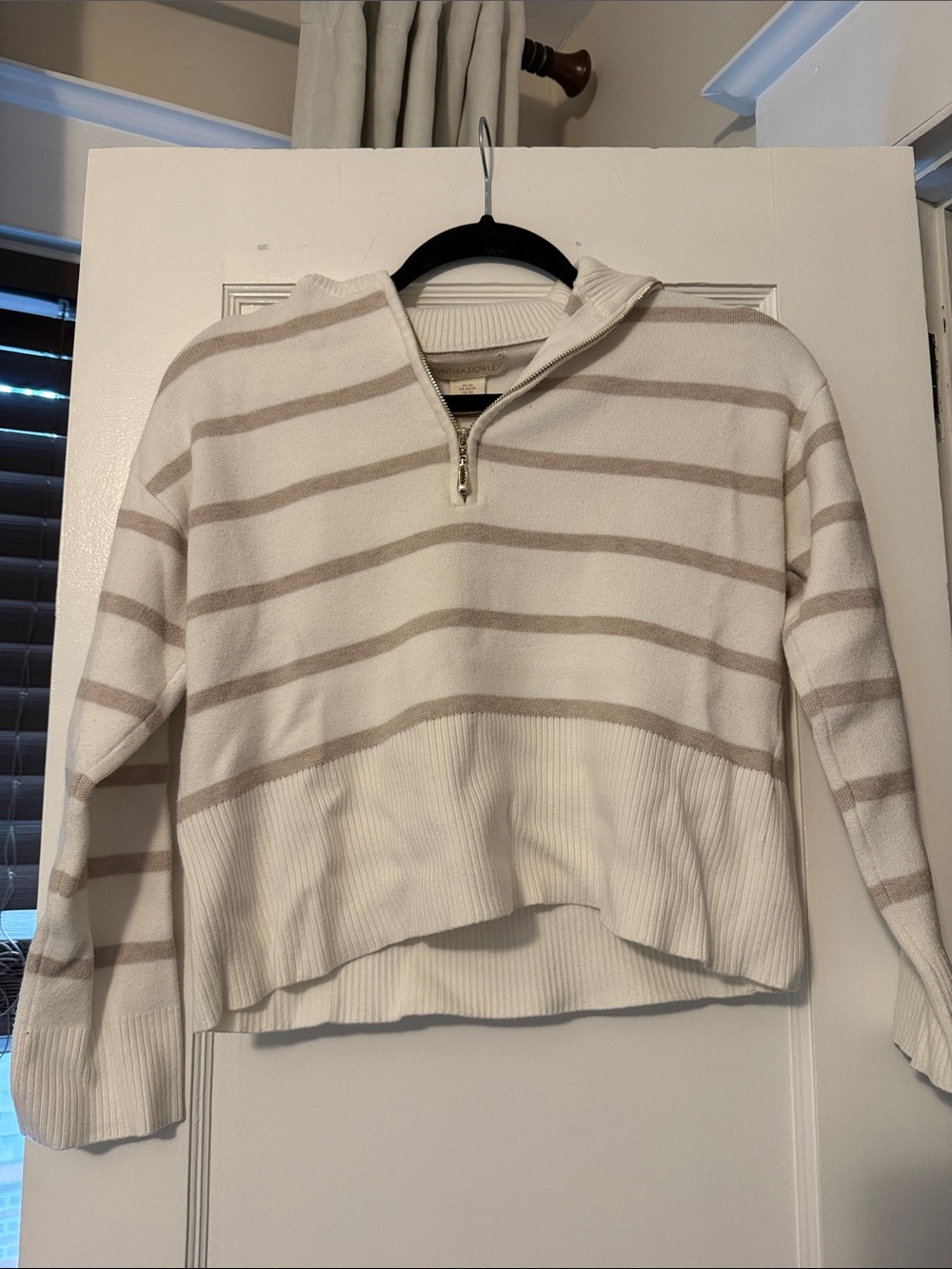 Cynthia Rowley Cream & Tan /Pink ish Striped Half-Zip Sweater